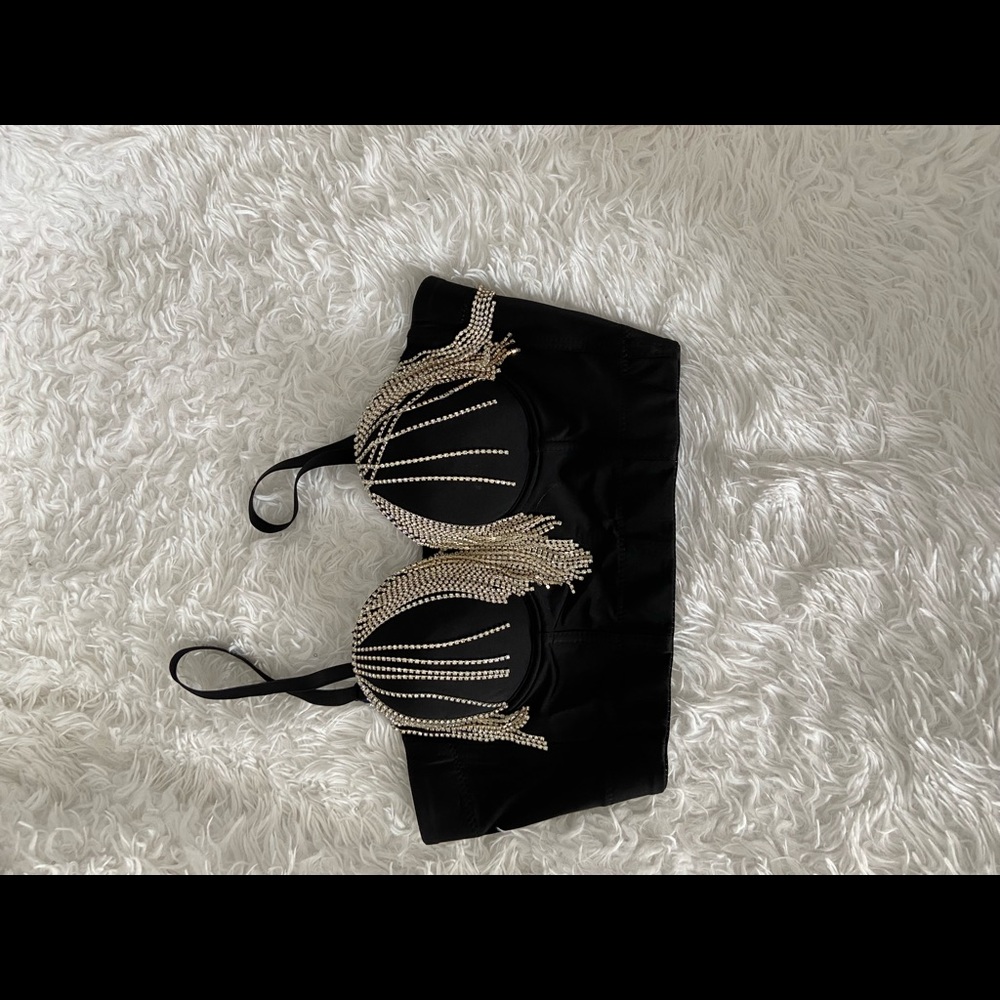 Black crop top with Crystal fringe
